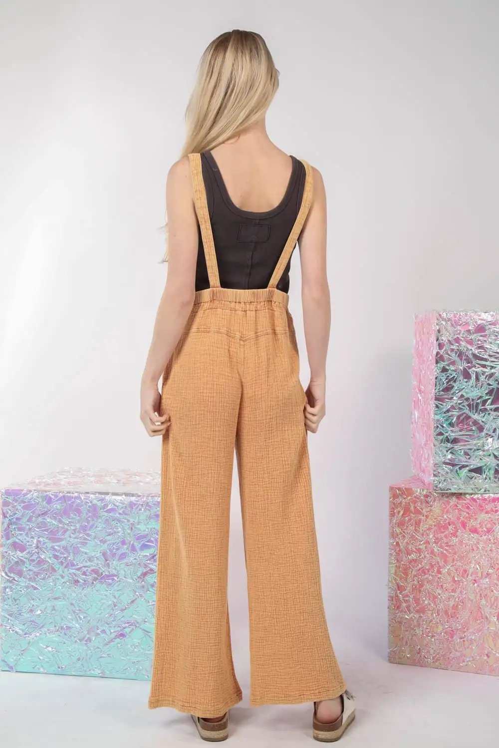 VERY J Texture Washed Wide Leg Overalls - Trendsi - Flyclothing LLC