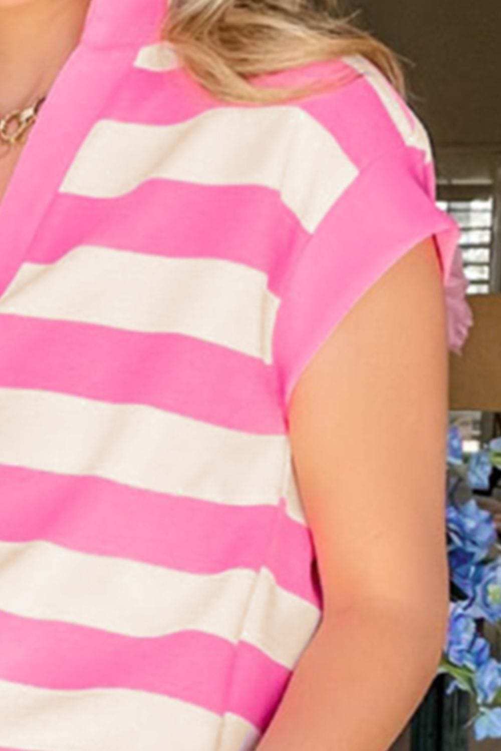 Striped Notched Cap Sleeve Blouse - Trendsi - Flyclothing LLC