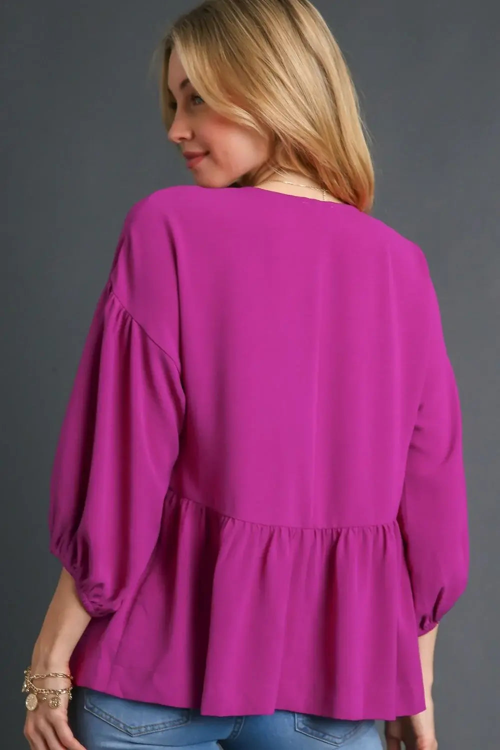 Umgee Full Size V-Neck Puffed 3/4 Sleeve Babydoll Blouse Plus Size - Trendsi - Flyclothing LLC