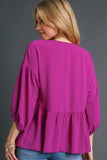 Umgee Full Size V-Neck Puffed 3/4 Sleeve Babydoll Blouse Plus Size - Trendsi - Flyclothing LLC