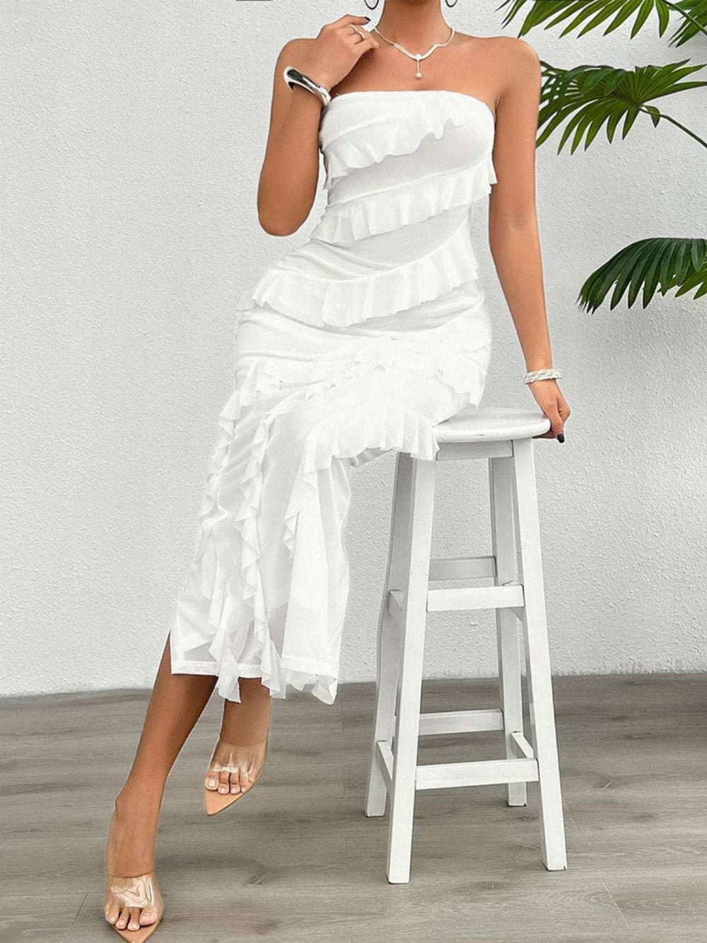 Devine Ruffled Slit Back Tube Maxi Dress - Trendsi - Flyclothing LLC