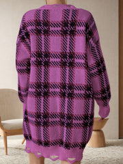 Distressed Plaid V-Neck Long Sleeve Sweater Dress - Trendsi