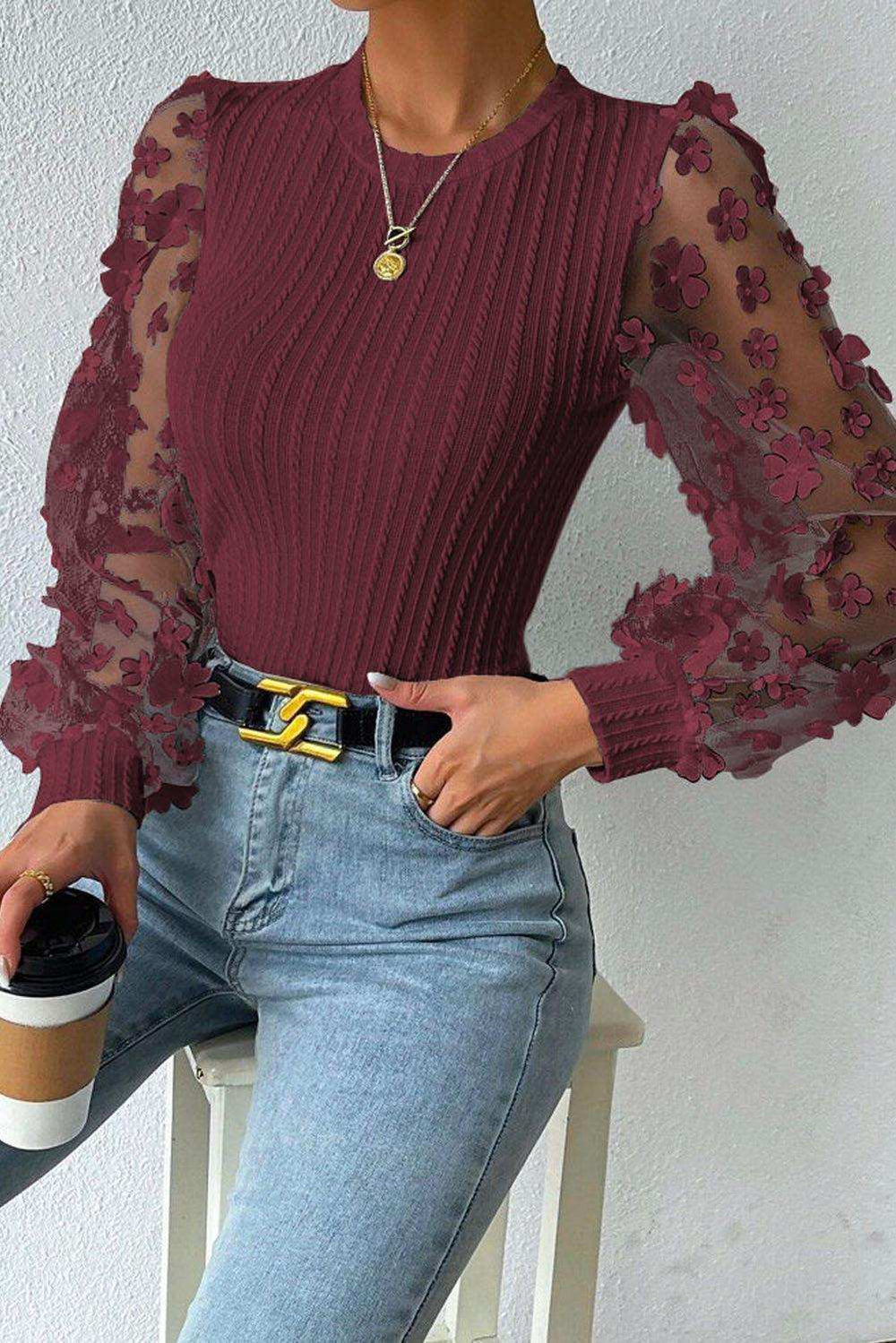 Textured Applique Long Sleeve Blouse - Trendsi - Flyclothing LLC
