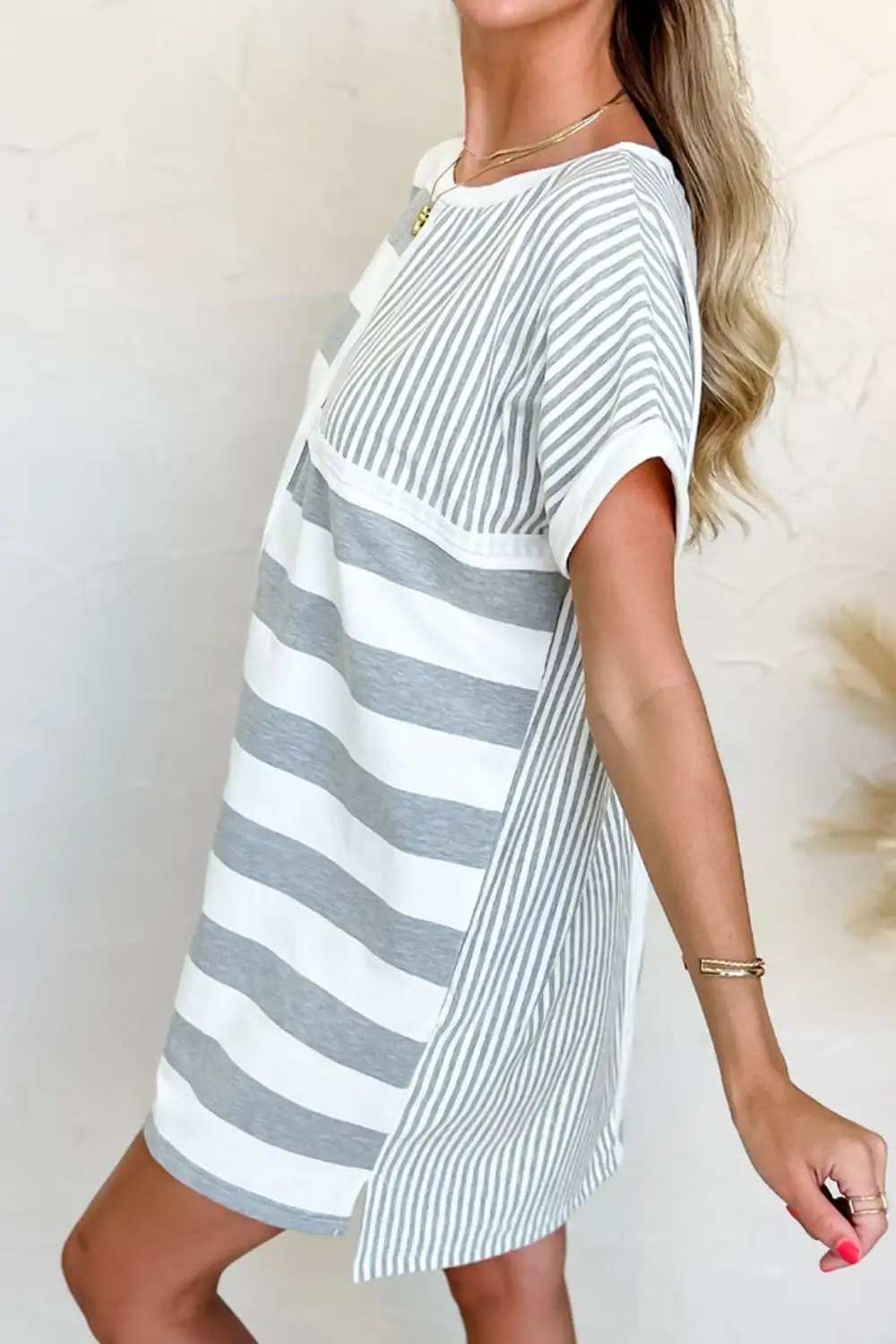 Stripe Mixed Short Sleeve Shift Mini Tee Dress - Trendsi - Flyclothing LLC