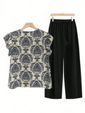 Printed Ruffled Cap Sleeve Top and Pants Set - Trendsi