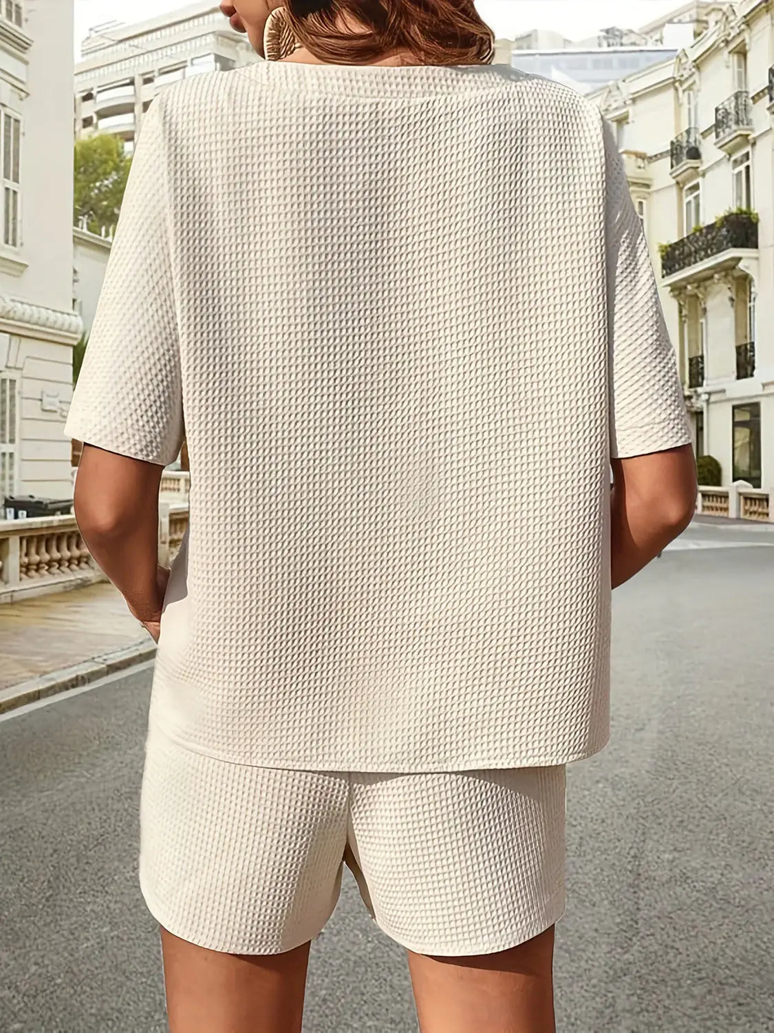 Waffle-Knit Half Sleeve Top and Shorts Set - Trendsi - Flyclothing LLC