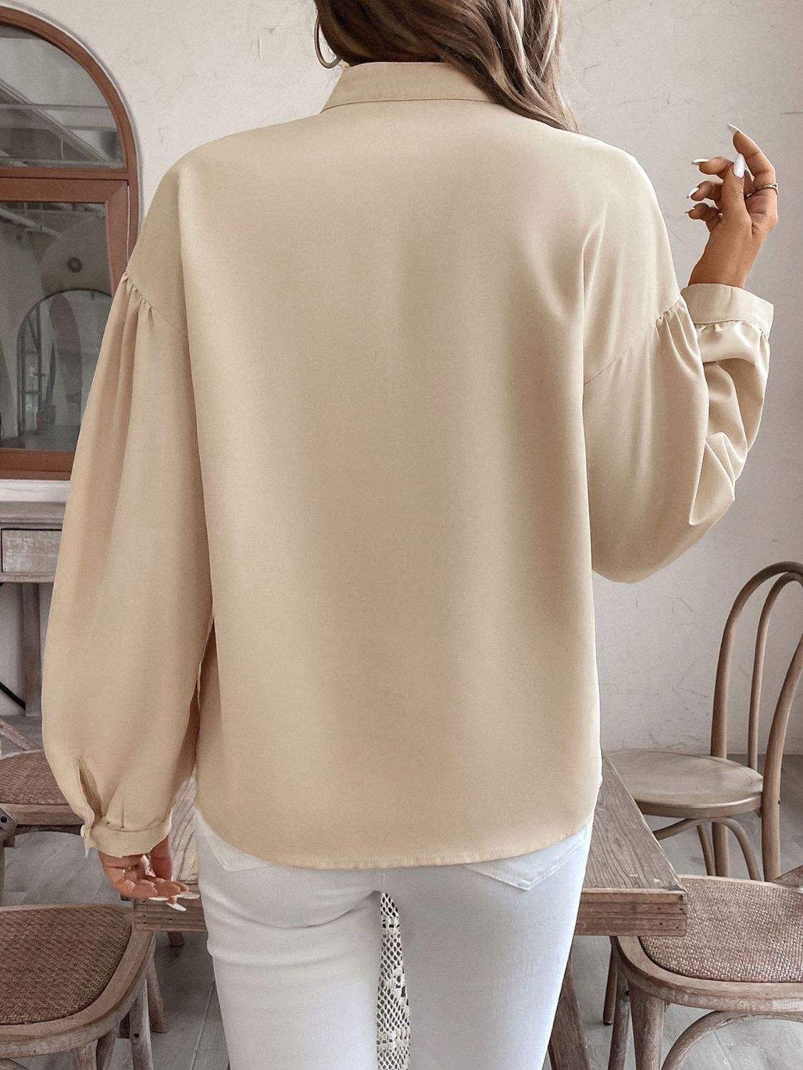 Perfee Printed Notched Long Sleeve Blouse - Trendsi - Flyclothing LLC