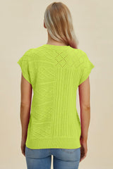 Double Take Full Size Cable-Knit Round Neck Cap Sleeve Sweater - Trendsi - Flyclothing LLC