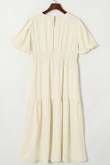 Puff Sleeve Pleated High Waist Flowy Midi Dress - Trendsi - Flyclothing LLC