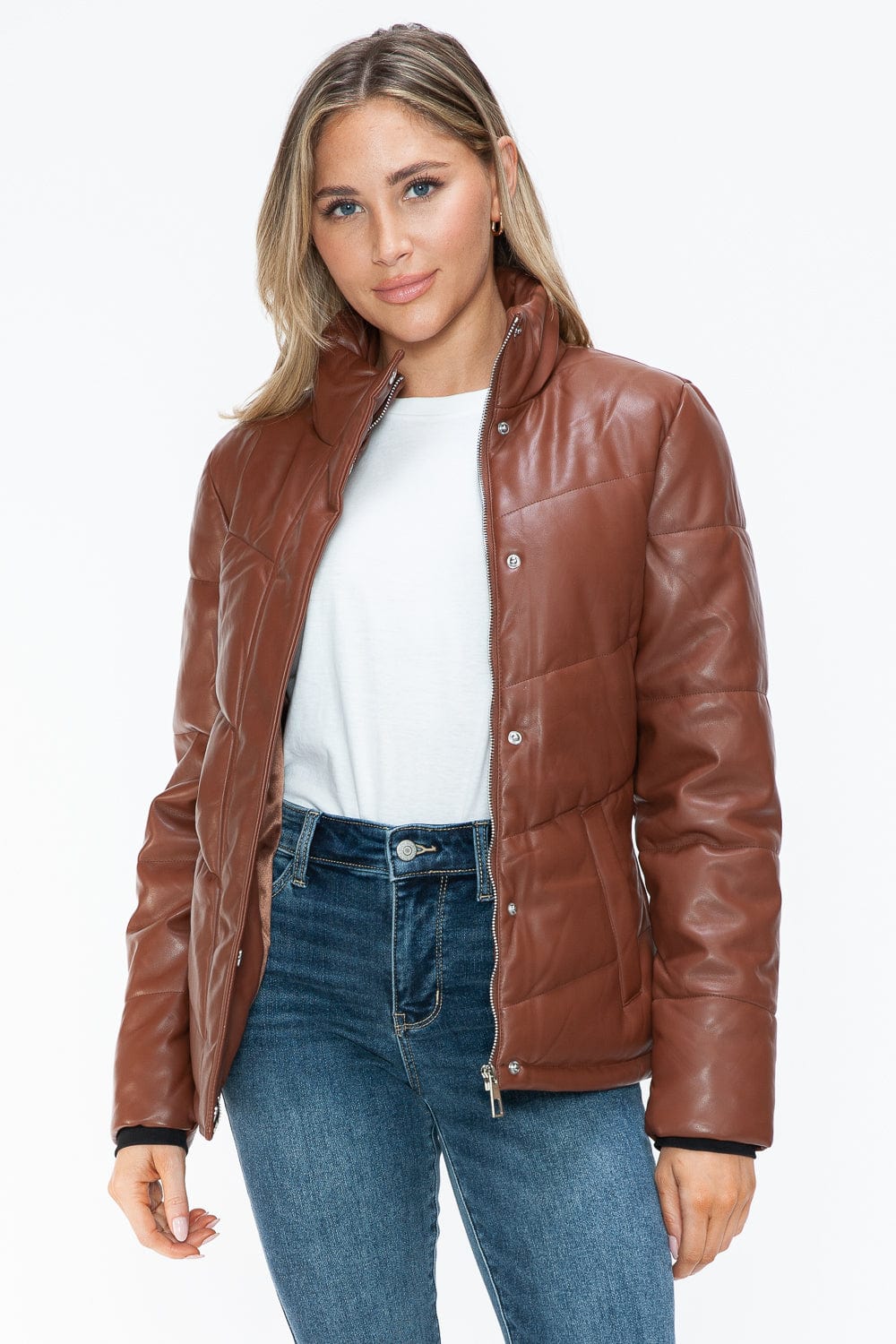 Snobbish Pocketed Zip Up Turtleneck Puffer Jacket - Trendsi