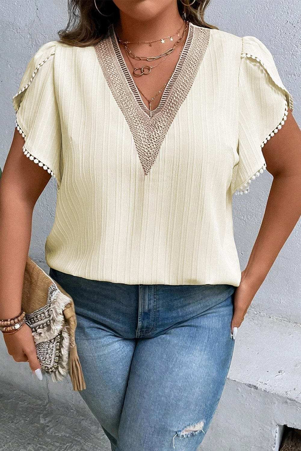 Plus Size V-Neck Petal Sleeve Blouse - Trendsi - Flyclothing LLC