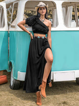 Ruffled Single Shoulder Top and Slit Skirt Set - Trendsi - Flyclothing LLC