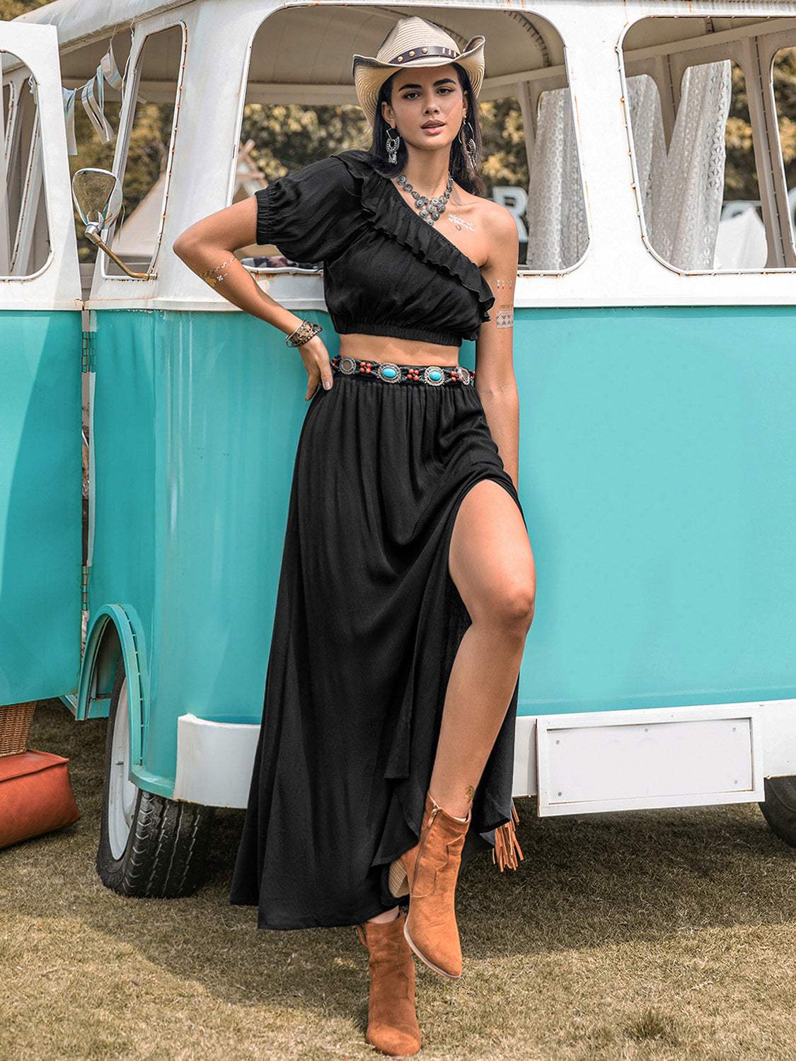 Ruffled Single Shoulder Top and Slit Skirt Set - Trendsi - Flyclothing LLC