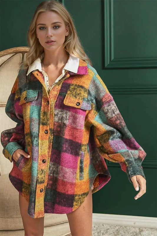 Double Take Full Size Button Up Plaid Shacket with Pockets - Trendsi - Flyclothing LLC