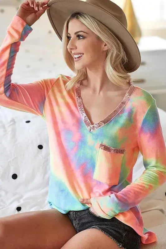 BiBi Tie Dye V-neck Terry Knit Top With Sequins - Trendsi - Flyclothing LLC