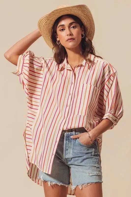 SO ME Multicolored Stripe Button Down Shirt - Trendsi - Flyclothing LLC