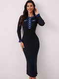 Contrast Trim Round Neck Long Sleeve Sweater Dress - Trendsi - Flyclothing LLC