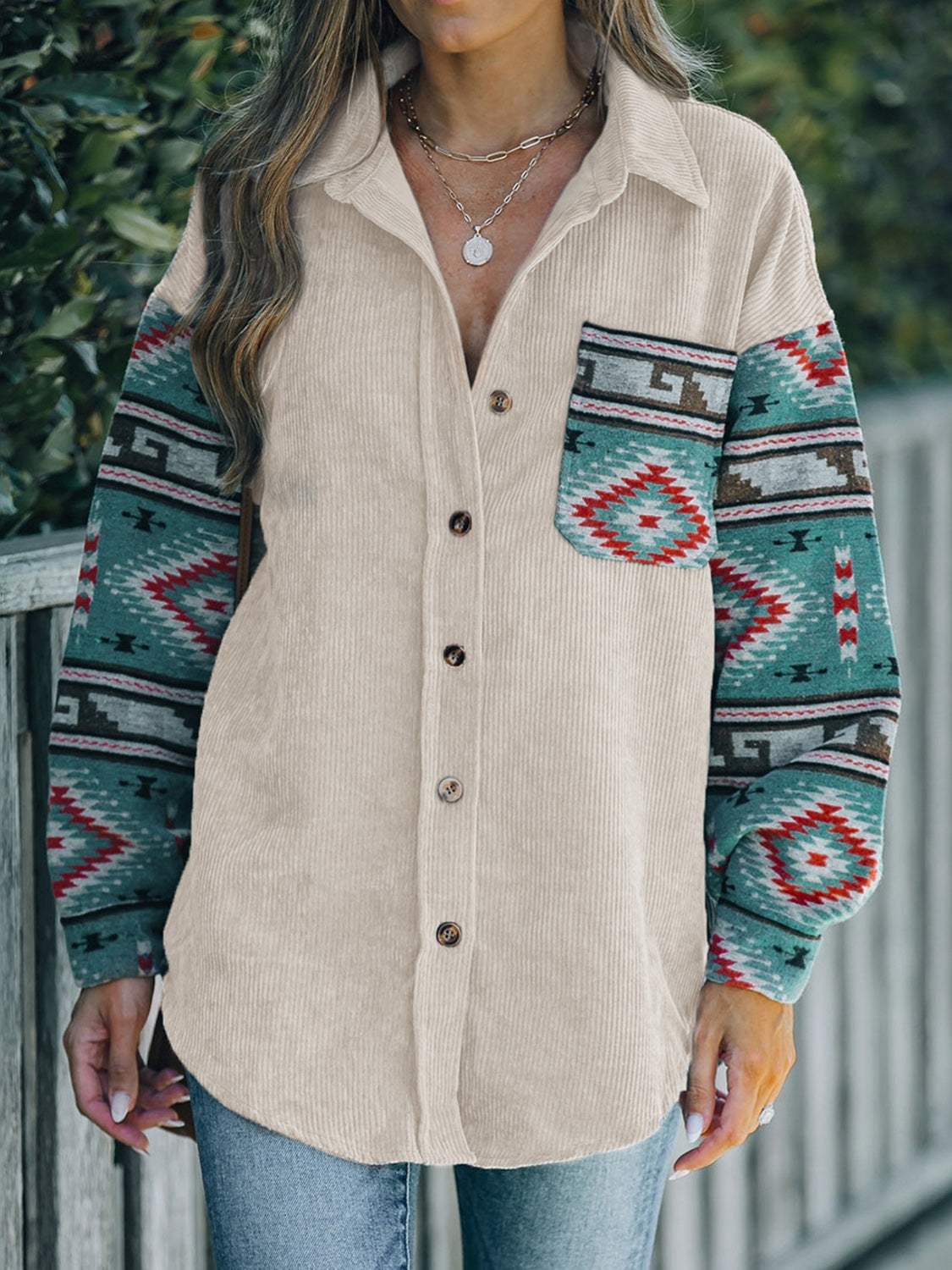 Perfee Pocketed Geometric Collared Neck Shacket - Trendsi - Flyclothing LLC