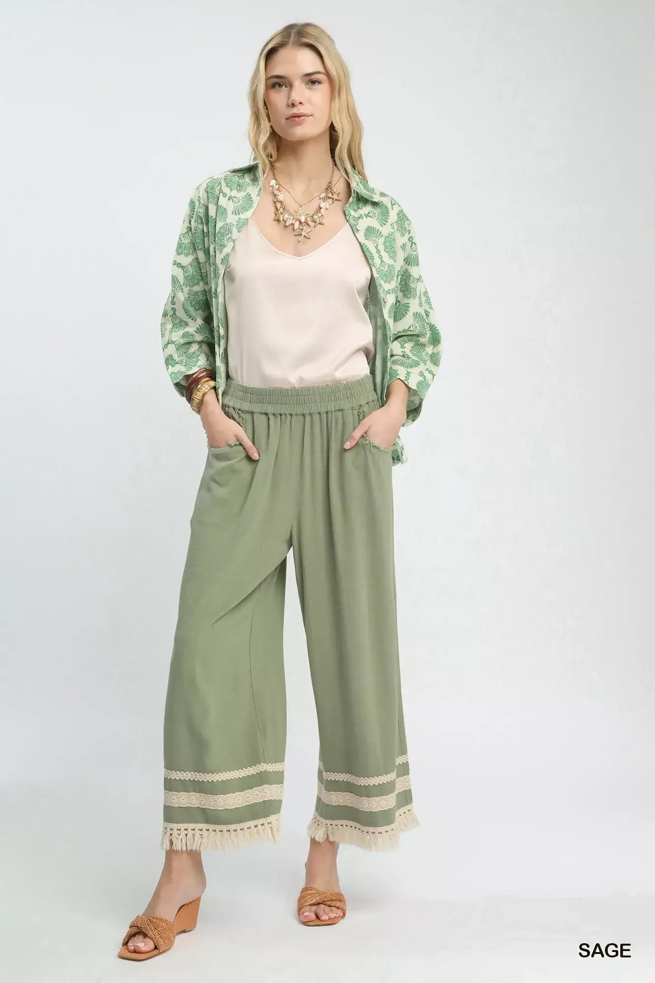 Umgee Lace Trim Fringe Hem Wide Leg Pants - Trendsi - Flyclothing LLC