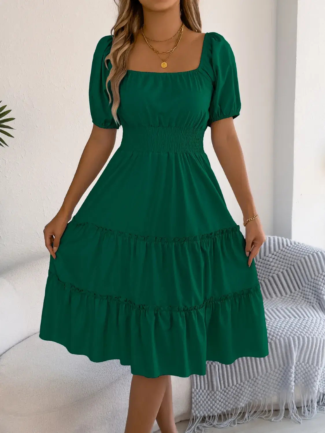 Square Neck Short Puff Sleeve Dress - Trendsi - Flyclothing LLC