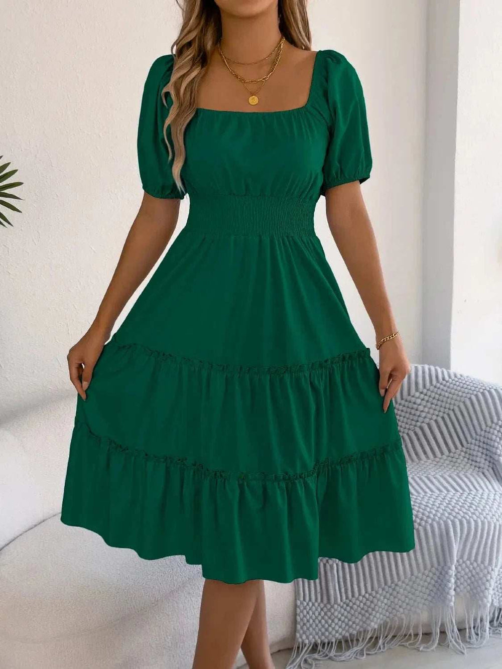 Square Neck Short Puff Sleeve Dress - Trendsi - Flyclothing LLC