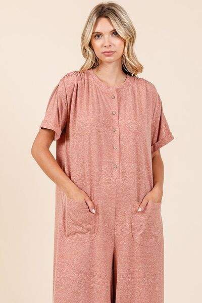Mittoshop Button Detail Short Sleeve Wide Leg Jumpsuit - Trendsi - Flyclothing LLC