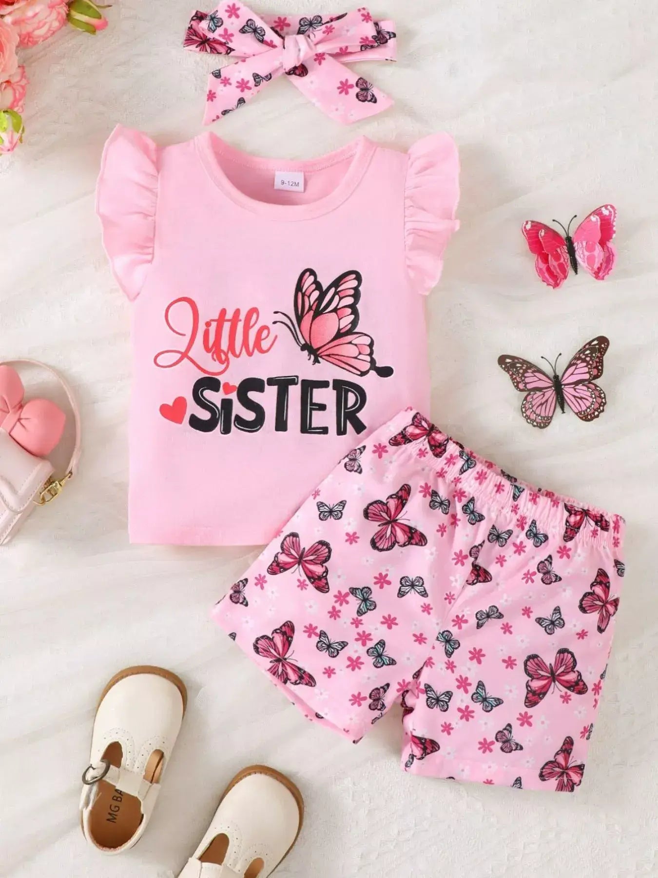 Children's Little Sister Butterfly Print Ruffle Trim Set - Trendsi - Flyclothing LLC