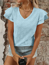 Eyelet V-Neck Ruffled Cap Sleeve Top - Trendsi - Flyclothing LLC