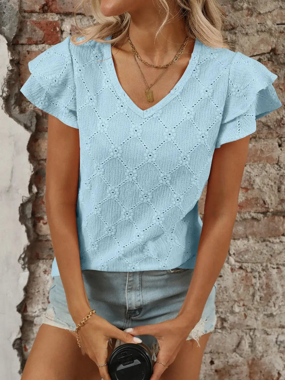 Eyelet V-Neck Ruffled Cap Sleeve Top - Trendsi - Flyclothing LLC