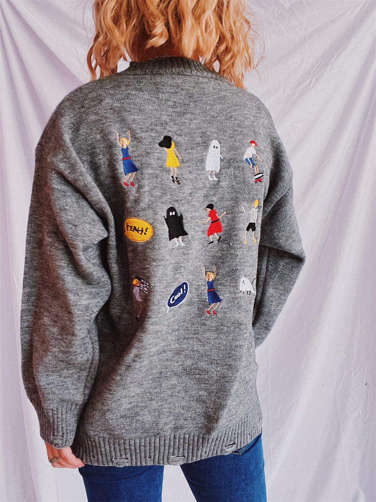 Embroidered Round Neck Dropped Shoulder Sweater - Trendsi