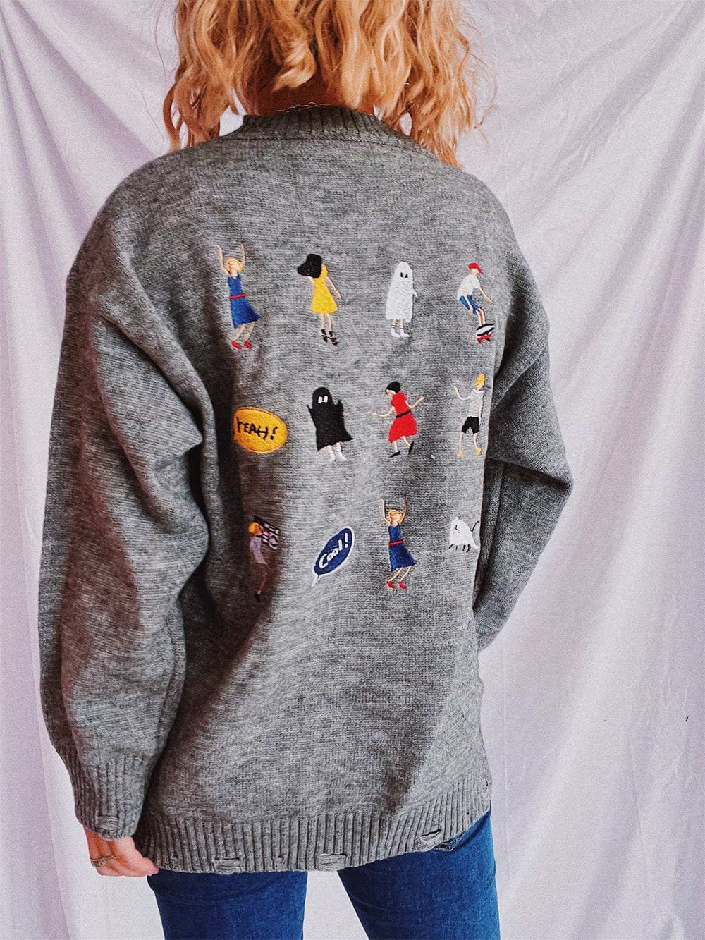Embroidered Round Neck Dropped Shoulder Sweater - Trendsi - Flyclothing LLC