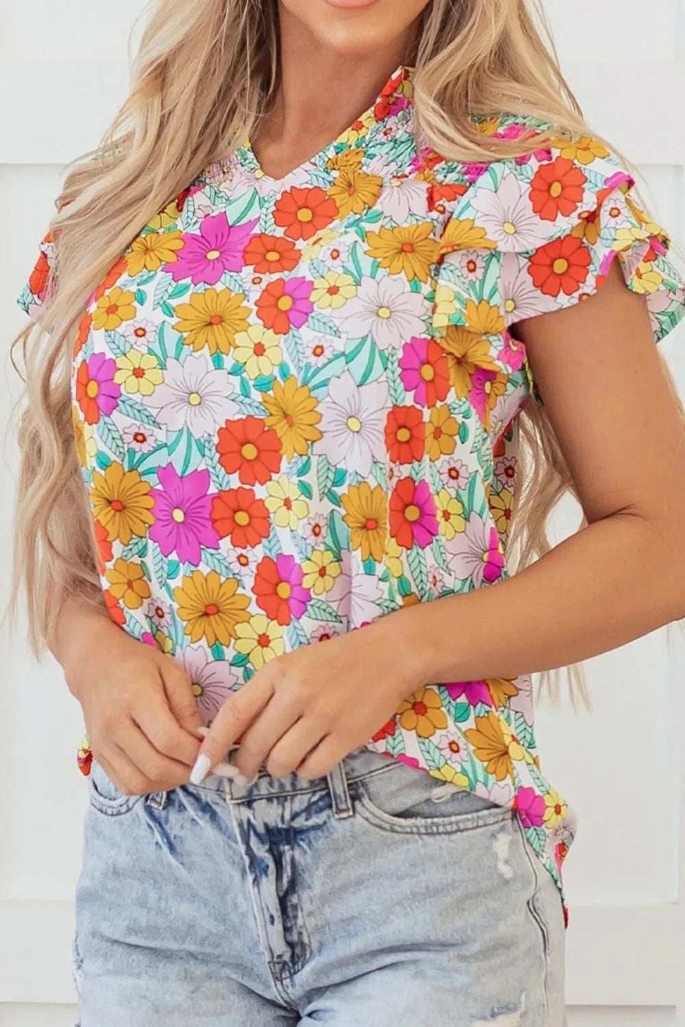 Floral Print Shirred Tiered Ruffled Sleeve Blouse - Trendsi - Flyclothing LLC
