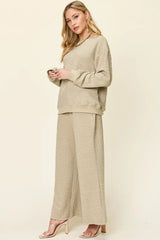 Double Take Full Size Texture Long Sleeve Top and Pants Set - Trendsi - Flyclothing LLC