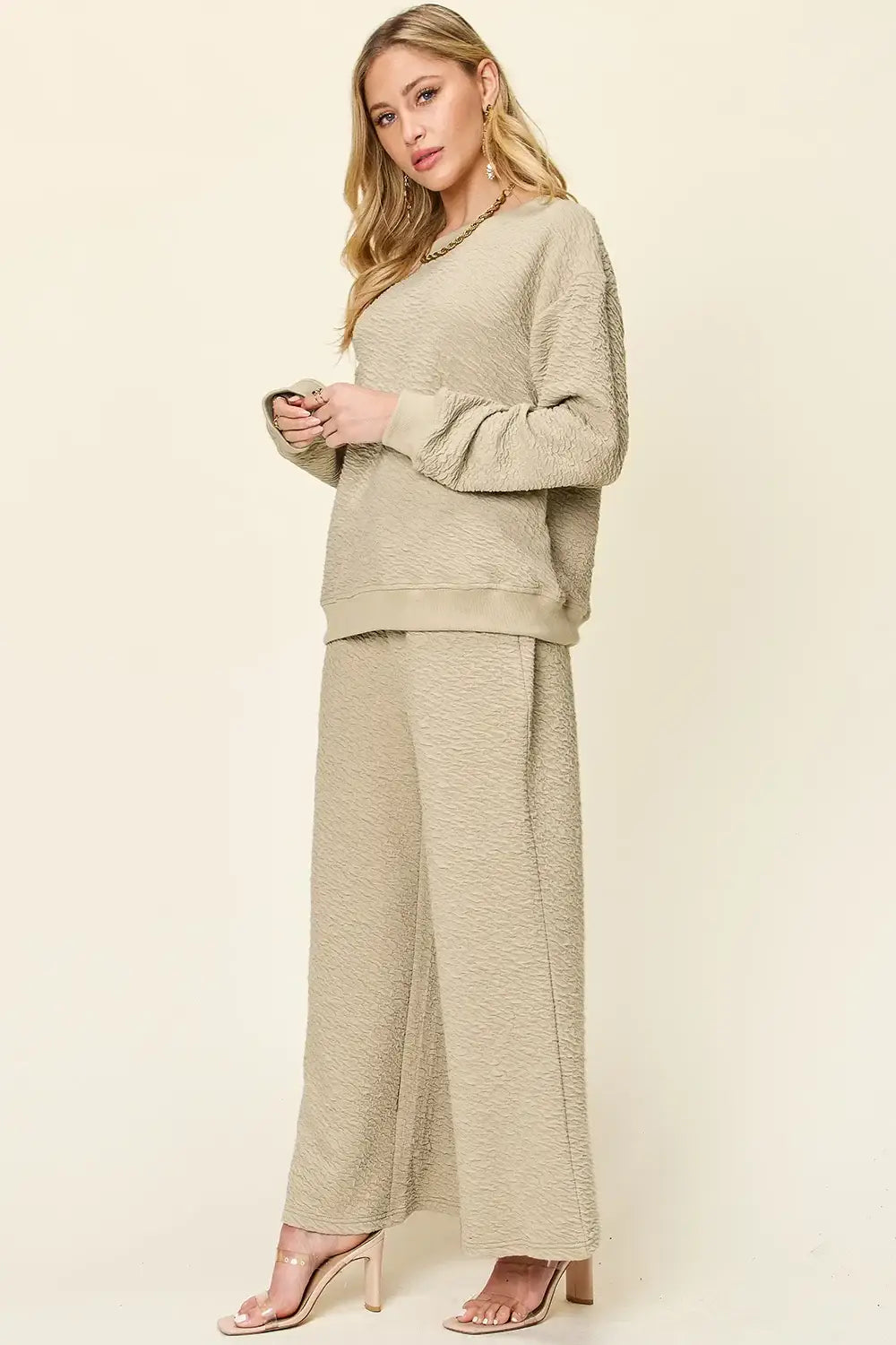 Double Take Full Size Texture Long Sleeve Top and Pants Set - Trendsi - Flyclothing LLC