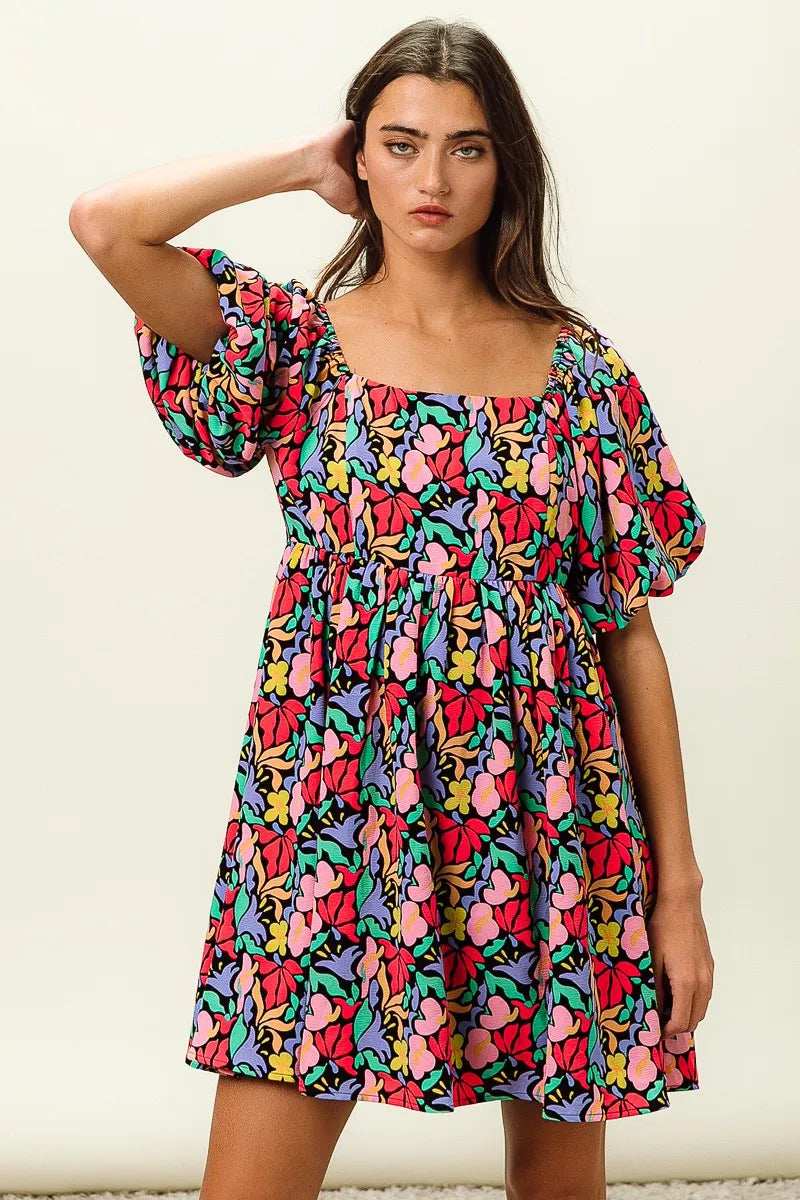 BiBi Floral Print Puff Square Neck Dress - Trendsi - Flyclothing LLC