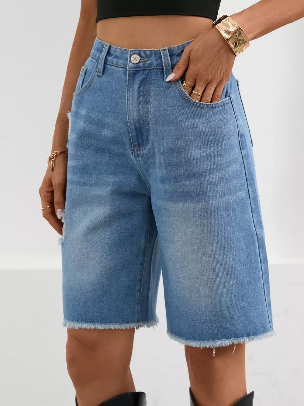 Ripped Frayed Hem Denim Shorts - Trendsi - Flyclothing LLC