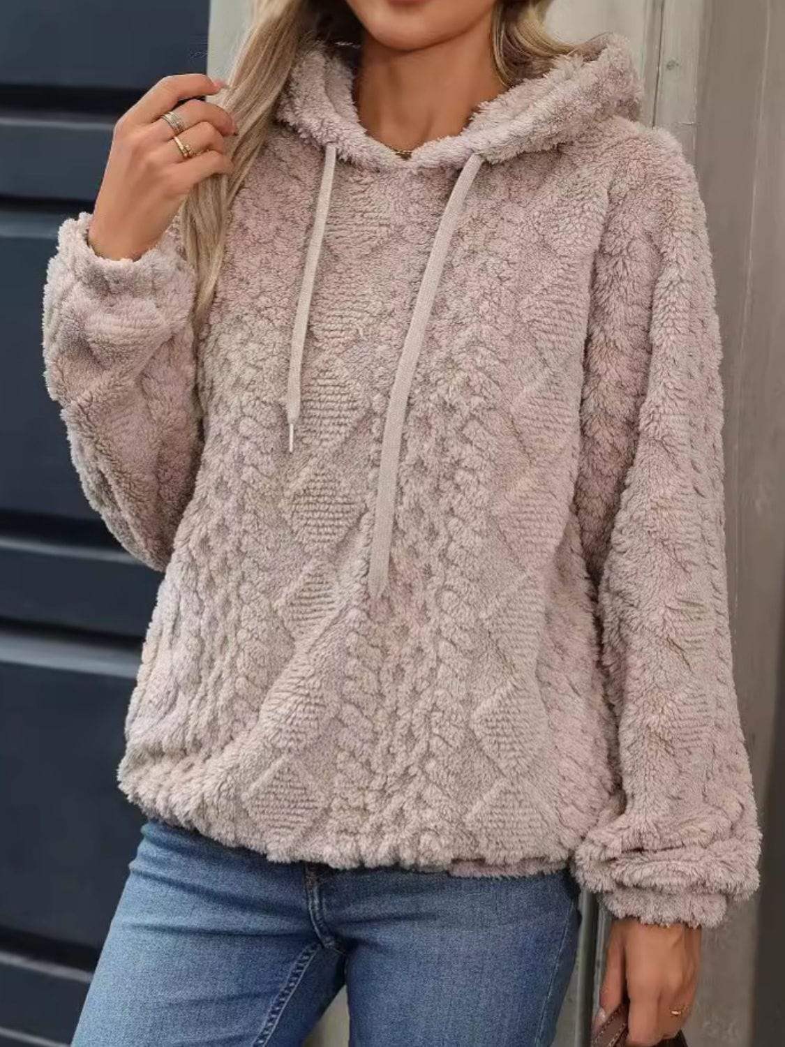 Drawstring Long Sleeve Plush Hoodie - Trendsi - Flyclothing LLC