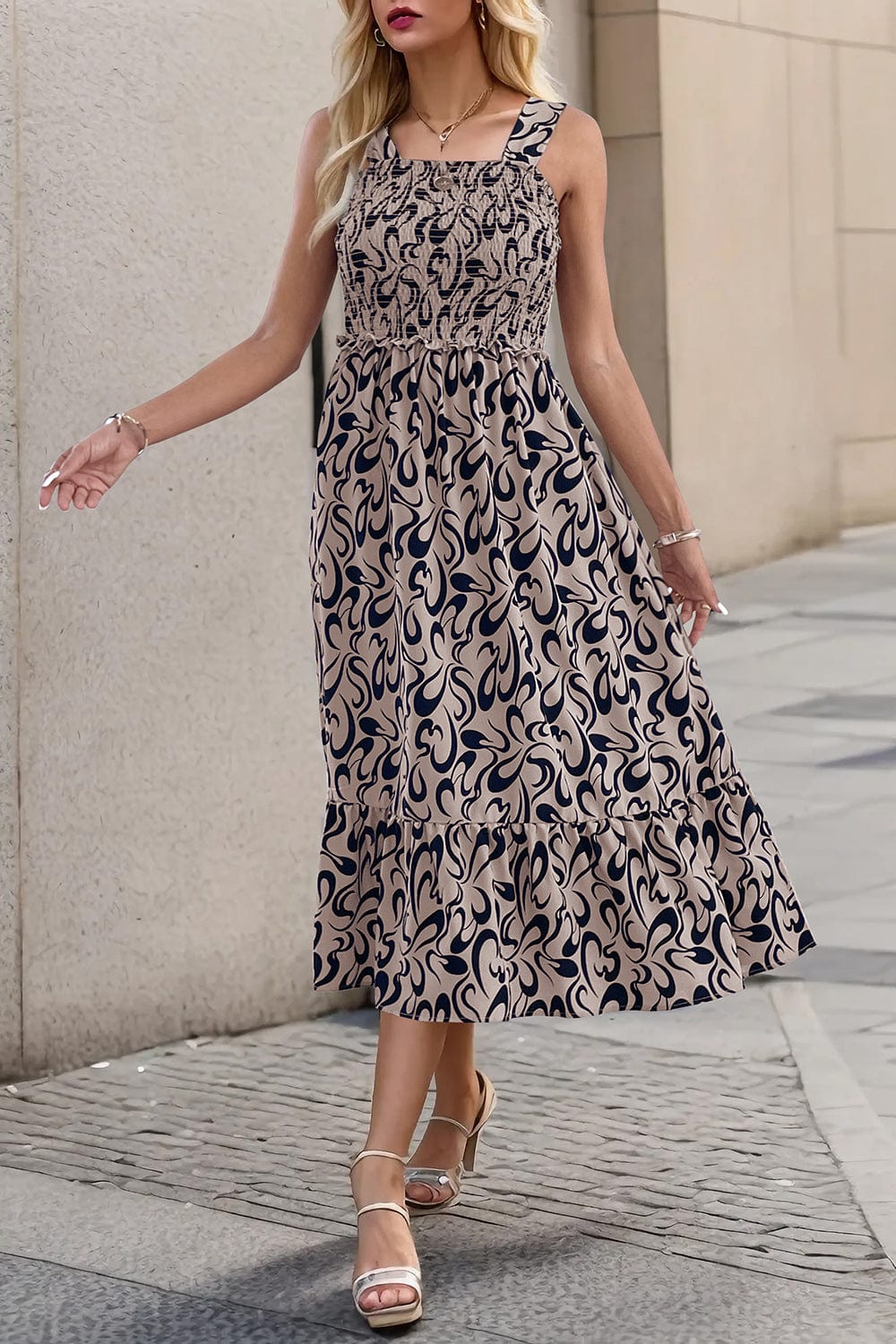 Smocked Printed Wide Strap Dress - Trendsi