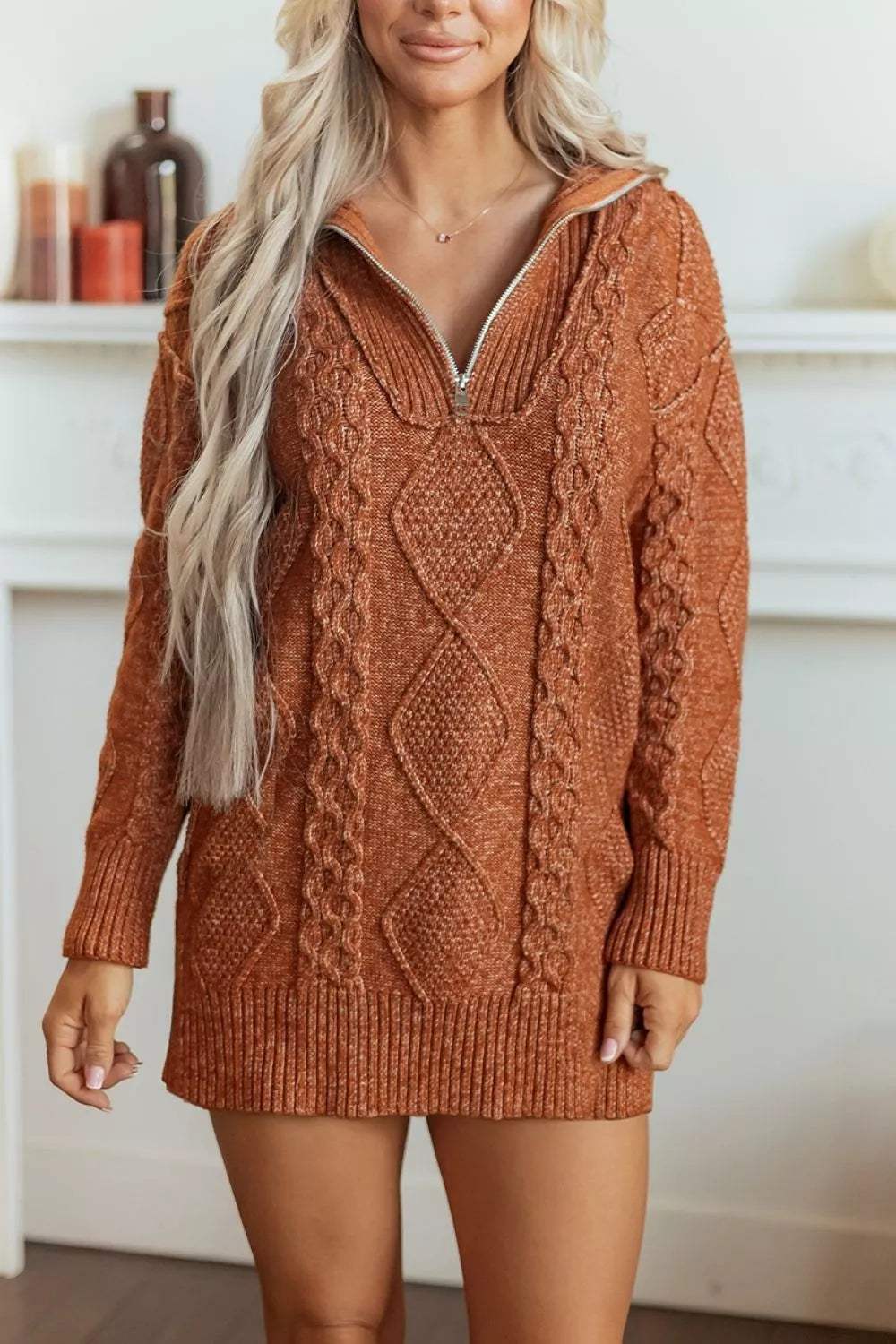 Zip-Up Cable Knit Drop Shoulder Sweater Dress - Trendsi - Flyclothing LLC
