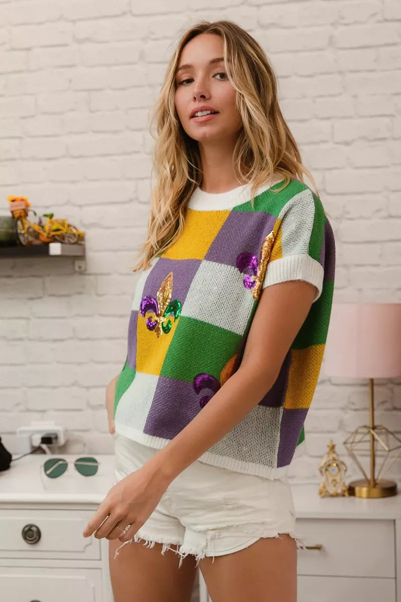 BiBi Sequin Embroidery Mardi Gras Checker Sweater Top - Trendsi - Flyclothing LLC