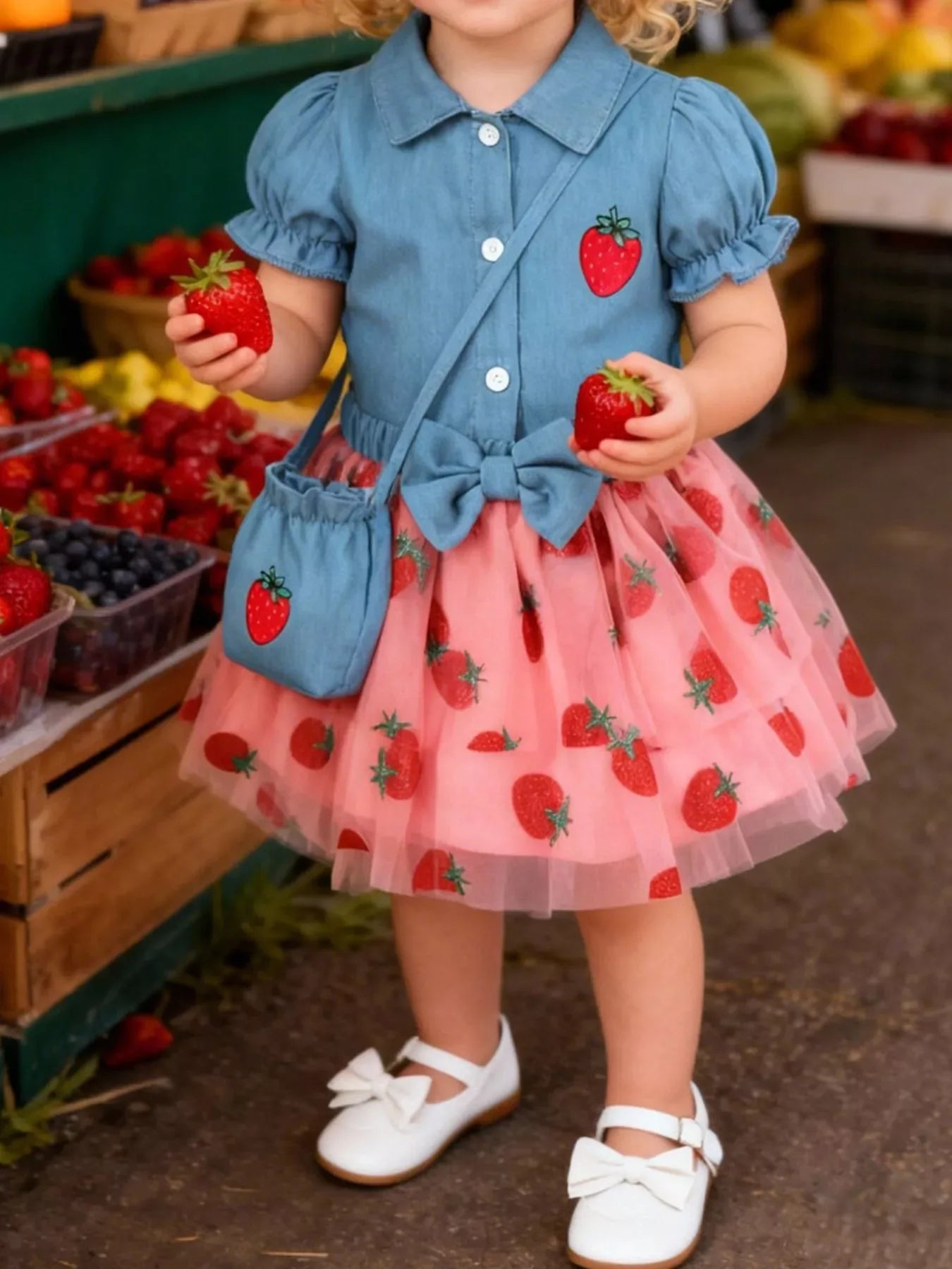 Children's Strawberry Short Sleeve Top and Skirt Set with Bag - Trendsi - Flyclothing LLC