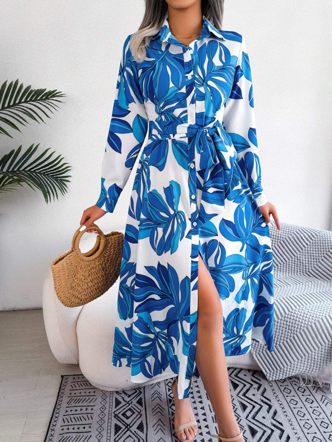 Tied Button Up Long Sleeve Dress - Trendsi - Flyclothing LLC