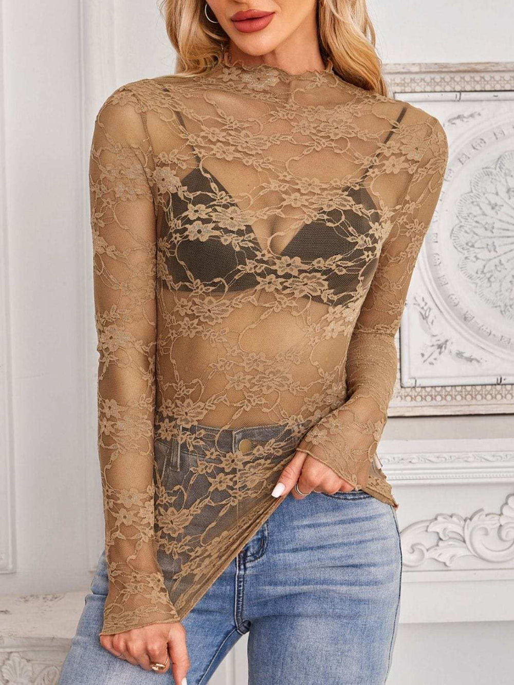 Mock Neck Long Sleeve Lace Sheer Top - Trendsi - Flyclothing LLC