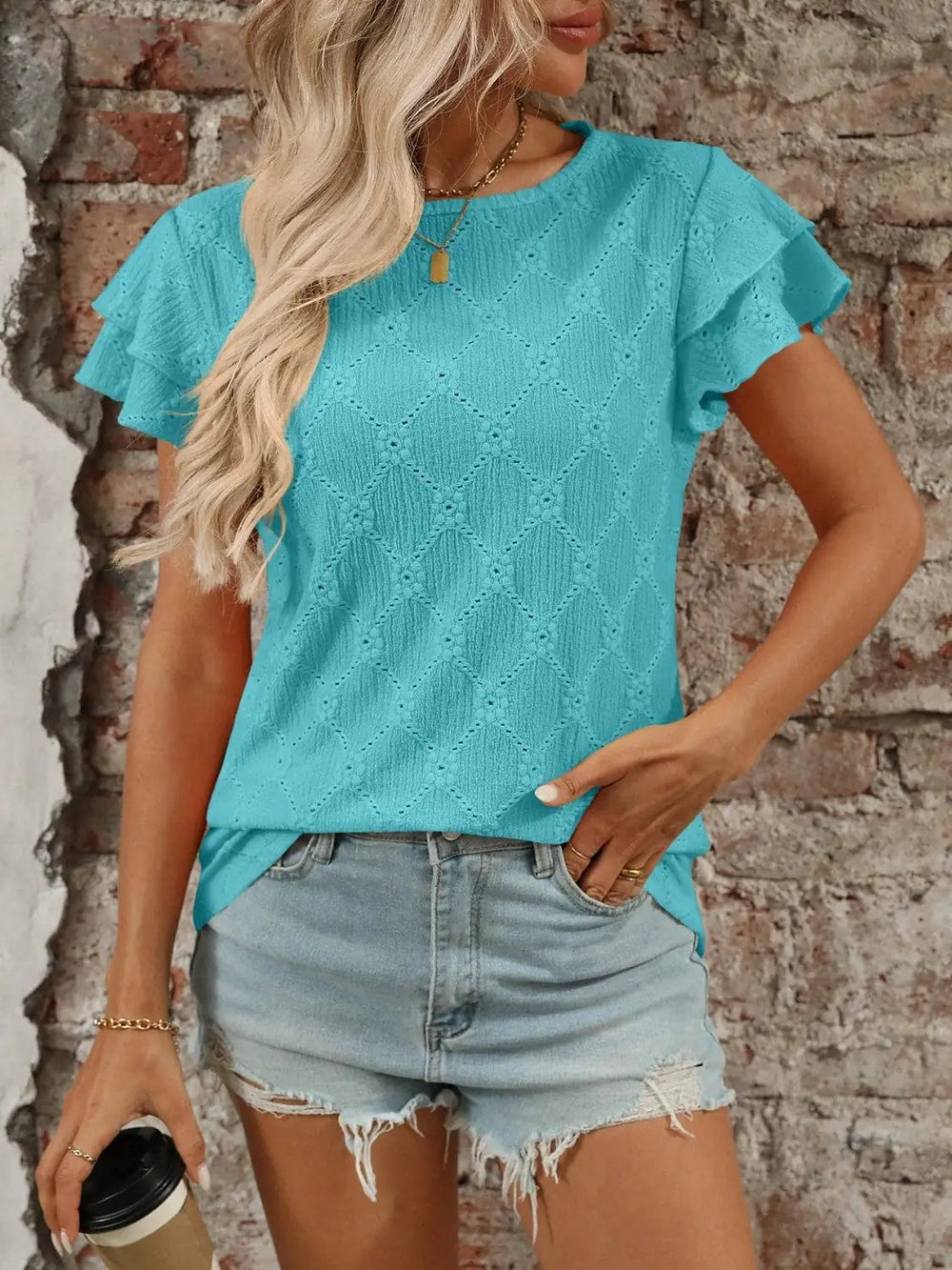 Eyelet Round Neck Double Layered Ruffled Short Sleeve Top - Trendsi