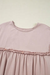 Frilled Trim Crew Neck Cap Sleeve Loose Fit Mini Dress - Trendsi - Flyclothing LLC