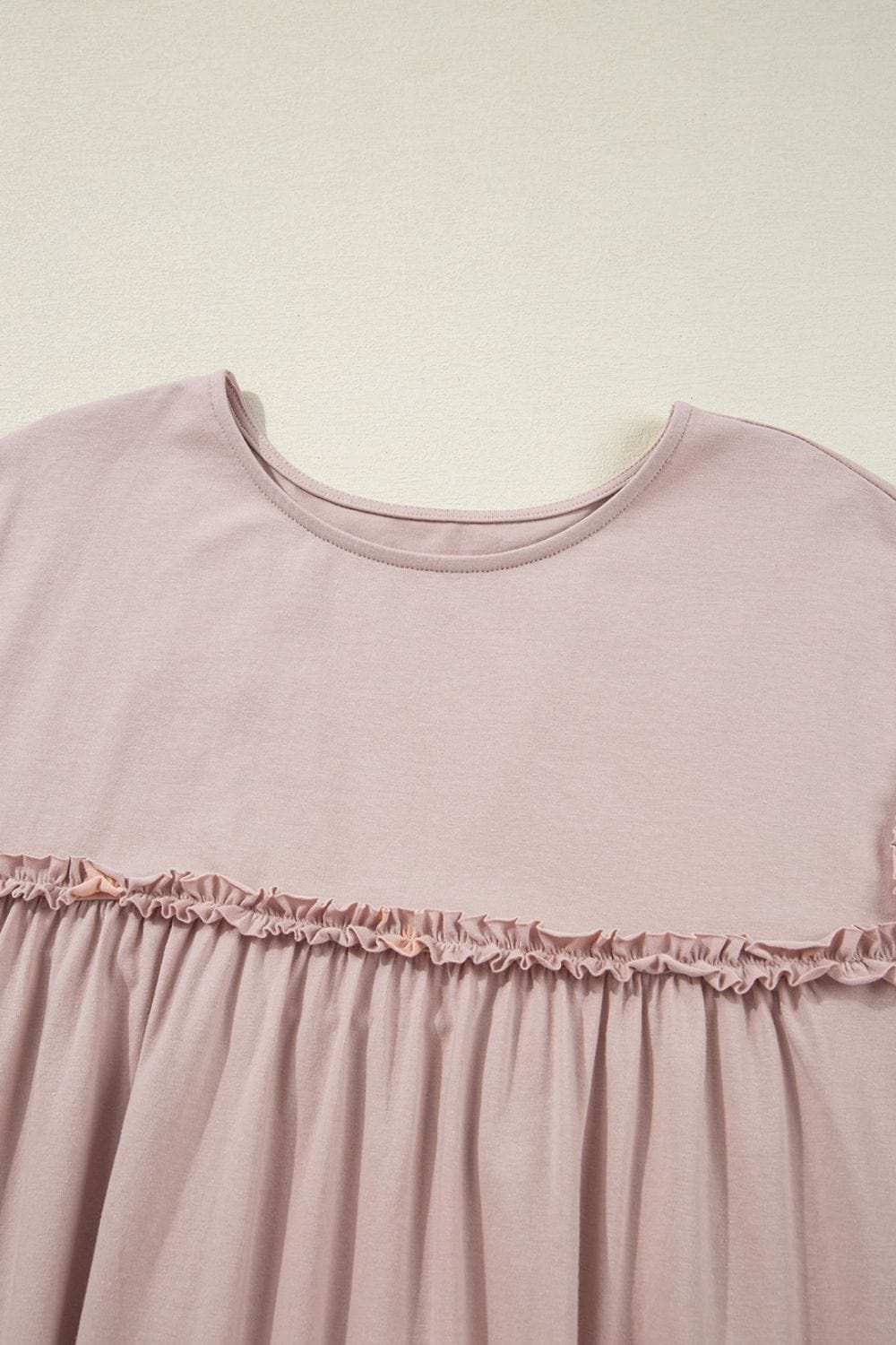 Frilled Trim Crew Neck Cap Sleeve Loose Fit Mini Dress - Trendsi - Flyclothing LLC