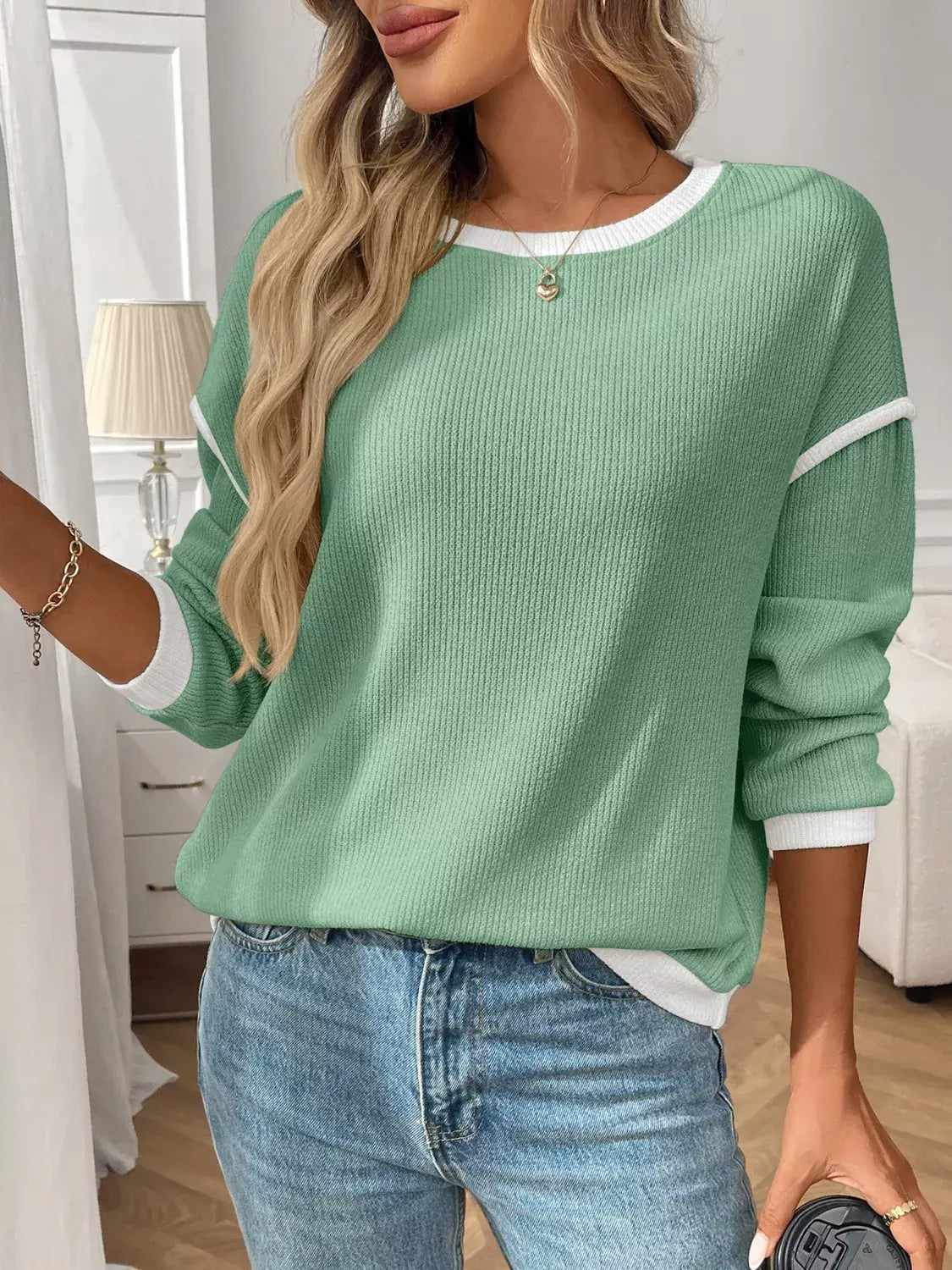 Ribbed Knit Contrast Trim Sweater - Trendsi - Flyclothing LLC