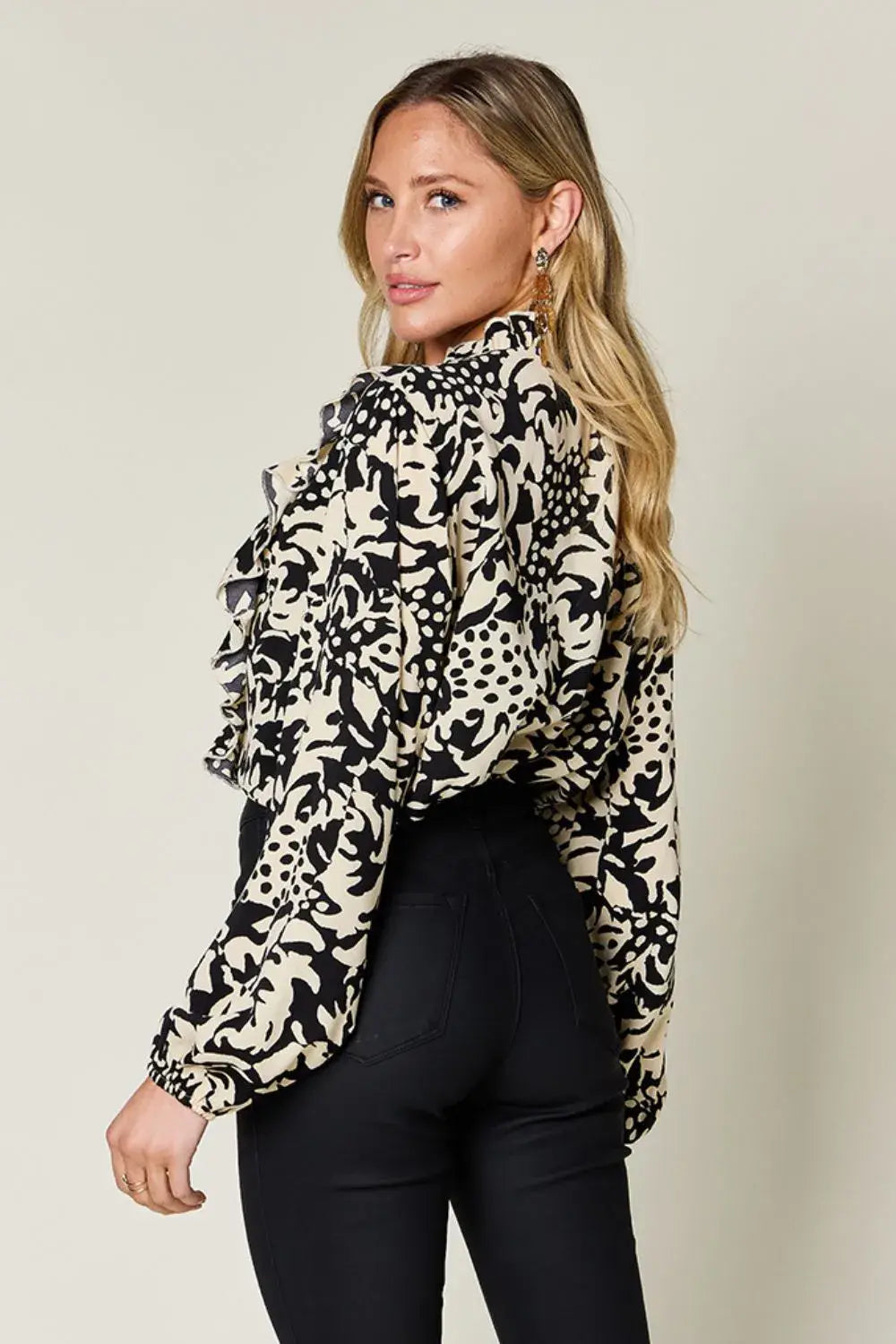 Double Take Full Size Printed Ruffle Trim Balloon Sleeve Shirt - Trendsi - Flyclothing LLC