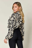 Double Take Full Size Printed Ruffle Trim Balloon Sleeve Shirt - Trendsi - Flyclothing LLC
