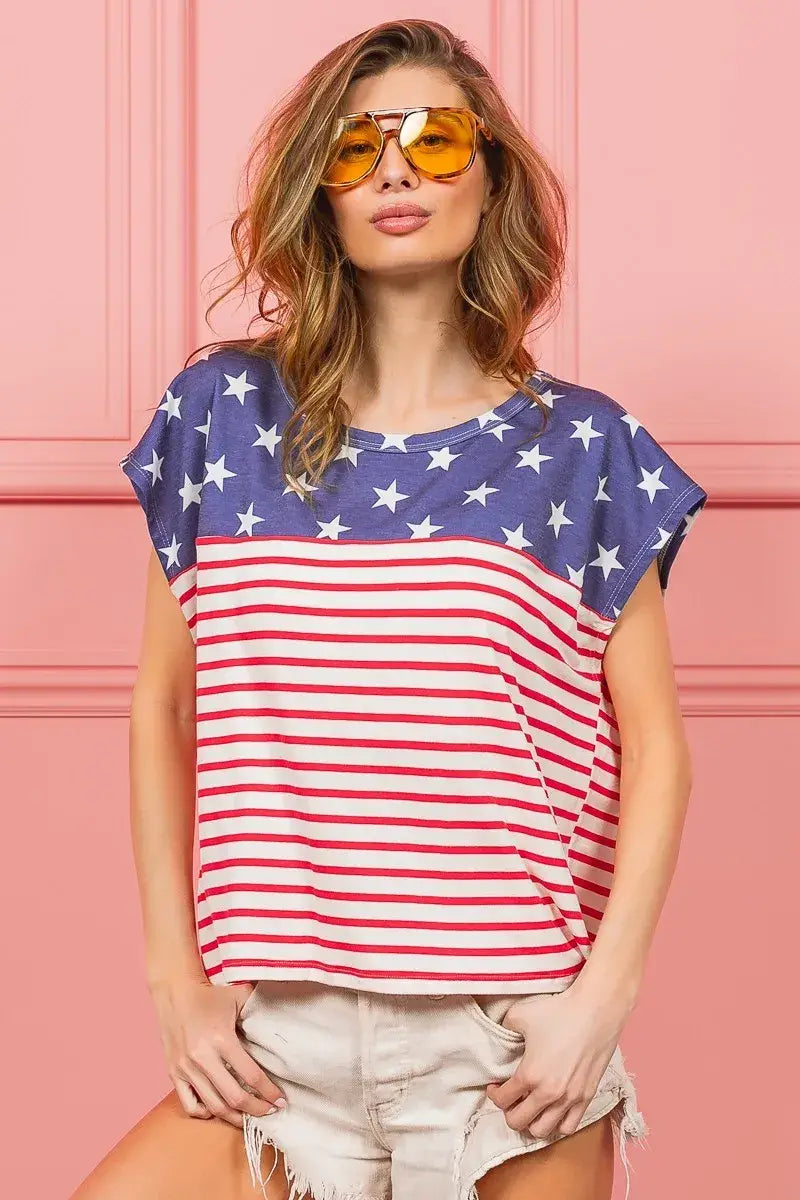 BiBi Star Rpinted with Stripe Combo Top - Trendsi - Flyclothing LLC